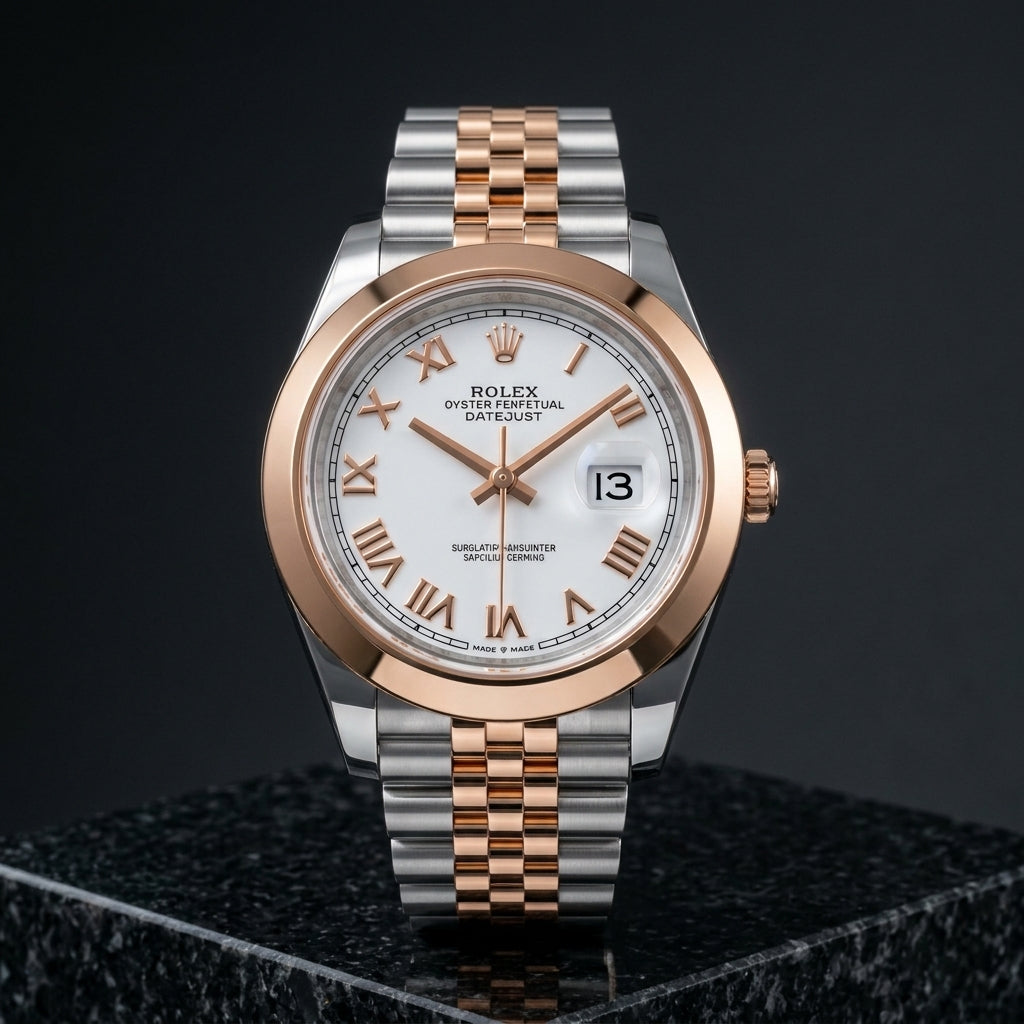 Studio photograph of the Datejust 41 on black granite