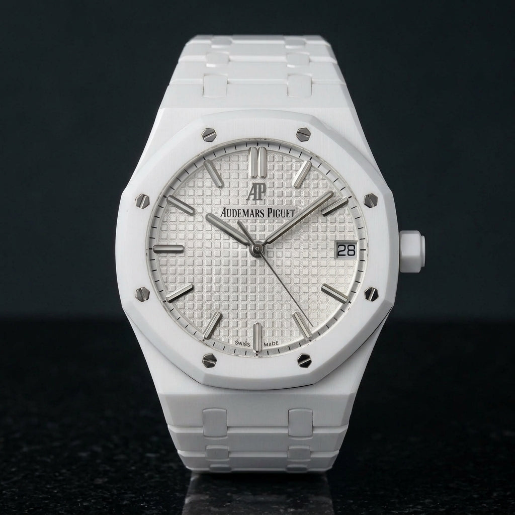 Octagonal Sports Watch — White Ceramic — studio photograph on black granite