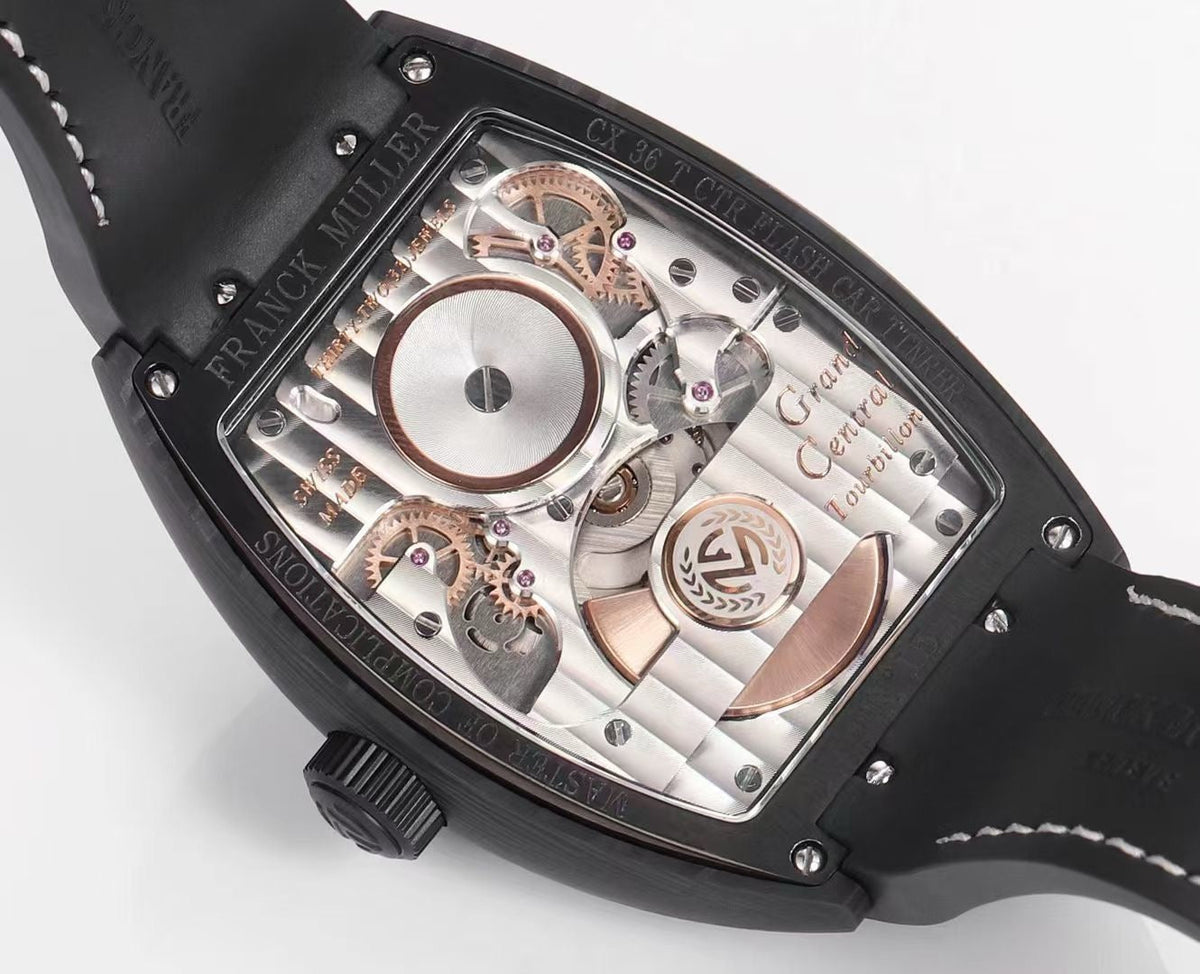 Studio photograph of the Open Tourbillon on black granite