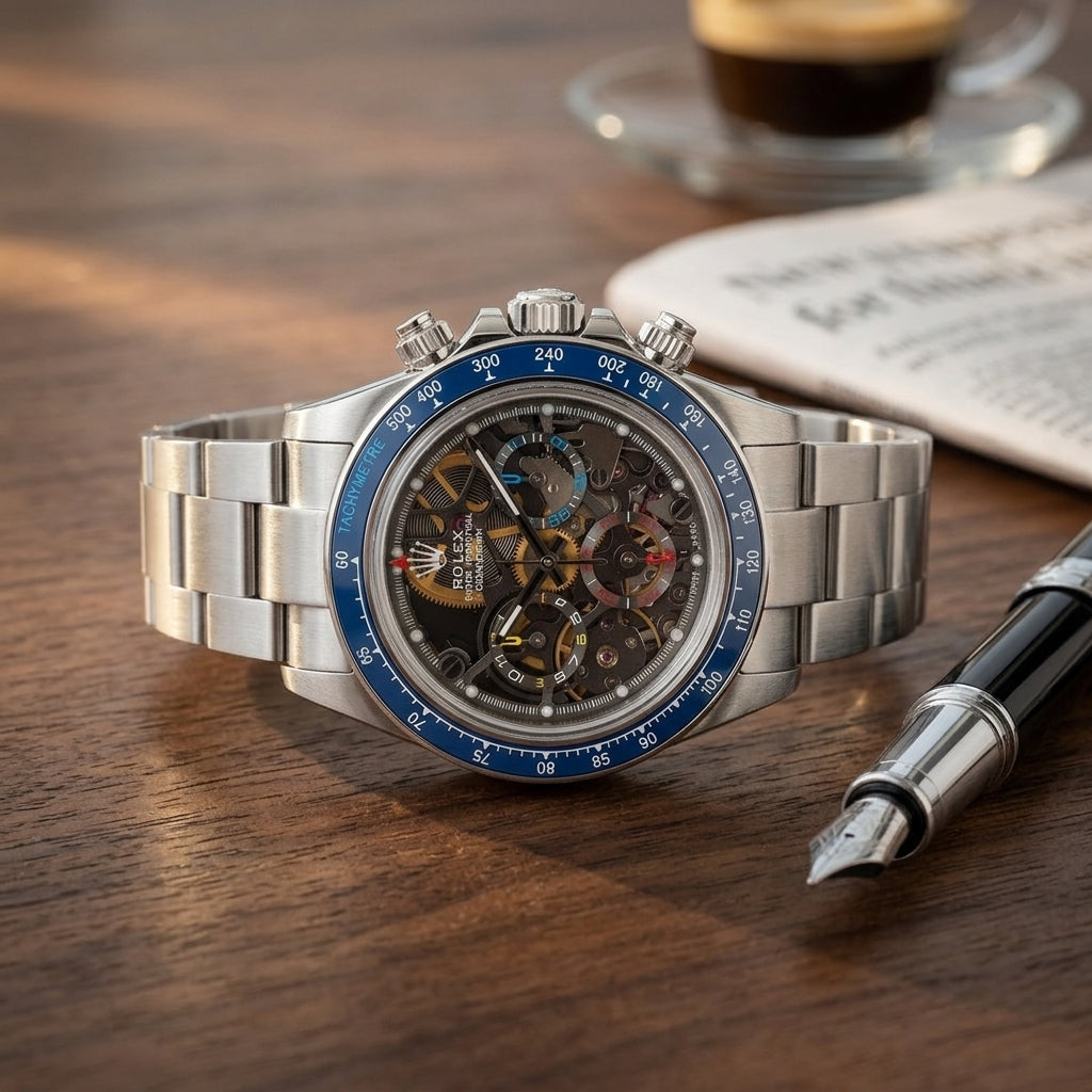 Steel skeleton chronograph with a blue bezel on a dark walnut desk beside a fountain pen