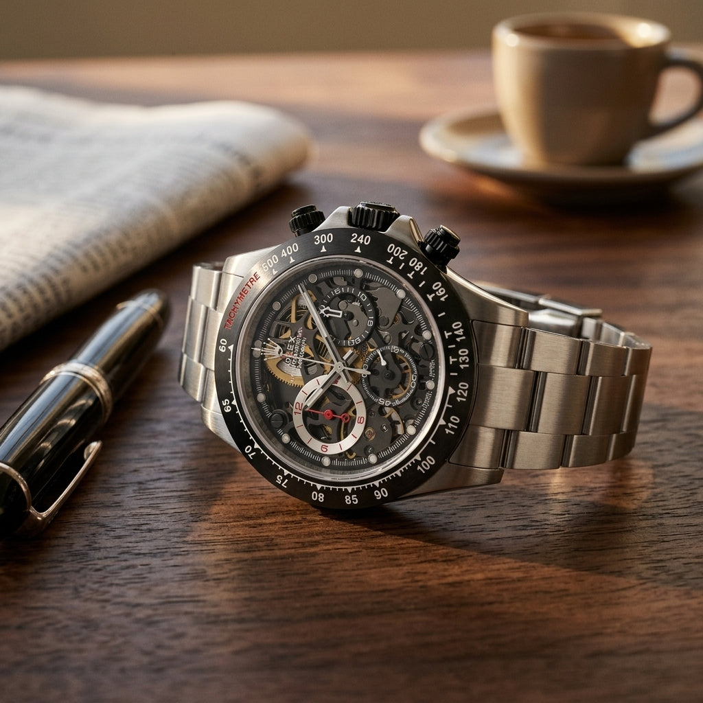 Steel skeleton chronograph with a black bezel and black pushers on a dark walnut desk beside a fountain pen