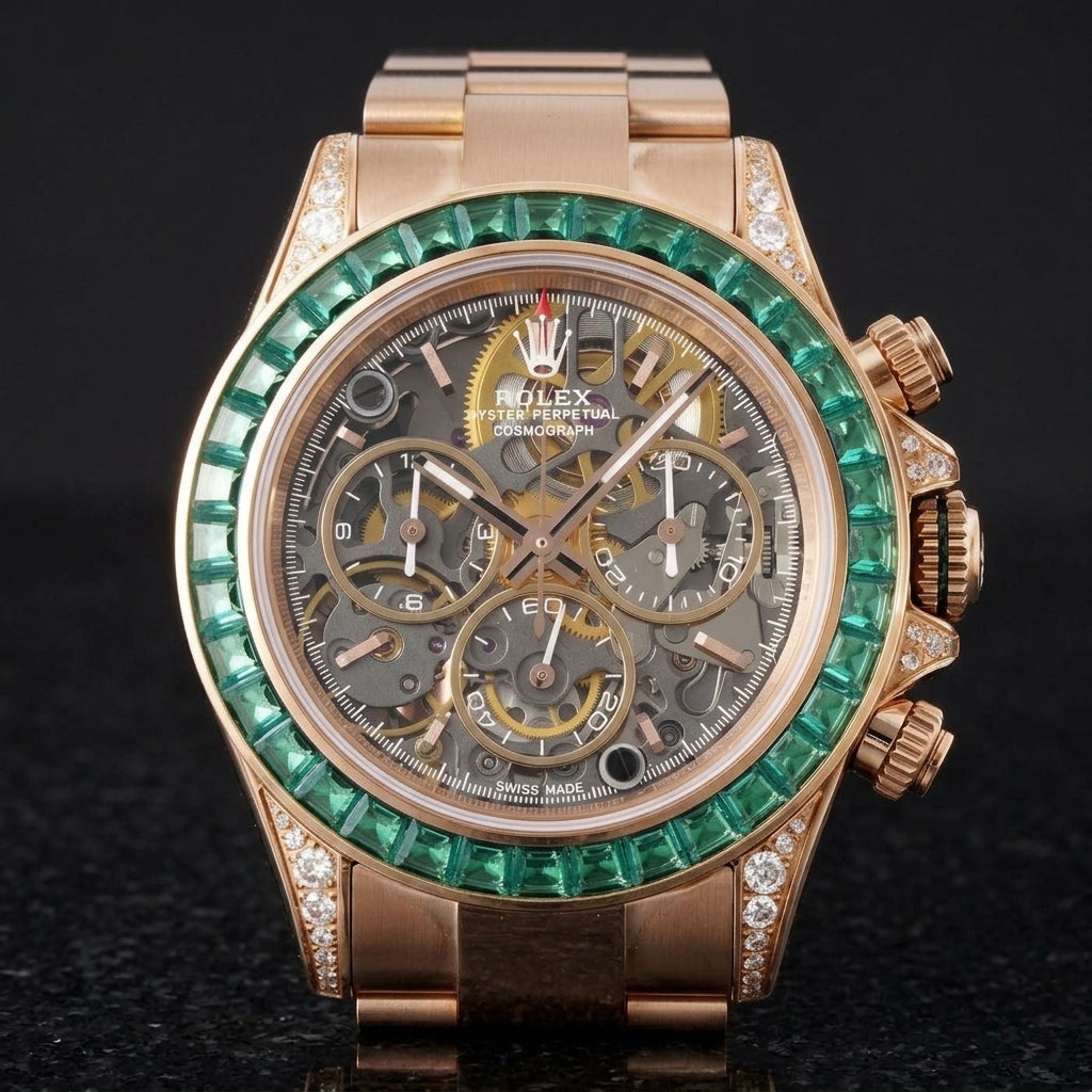 Rose gold skeleton chronograph with a green baguette bezel on its rose gold bracelet, worn on the wrist below a dark suit cuff