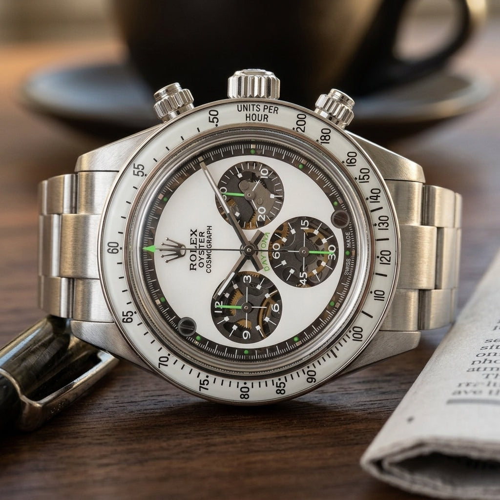 Steel chronograph with a white sapphire dial and skeleton counters on a pale stone desk beside a fountain pen