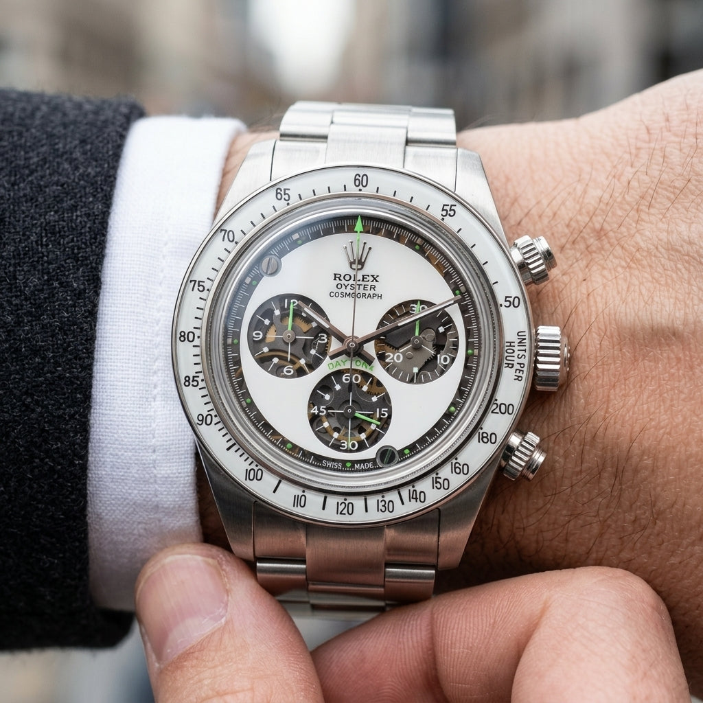 Steel chronograph with a white dial and neon-green accents on the wrist as a shirt cuff is fastened