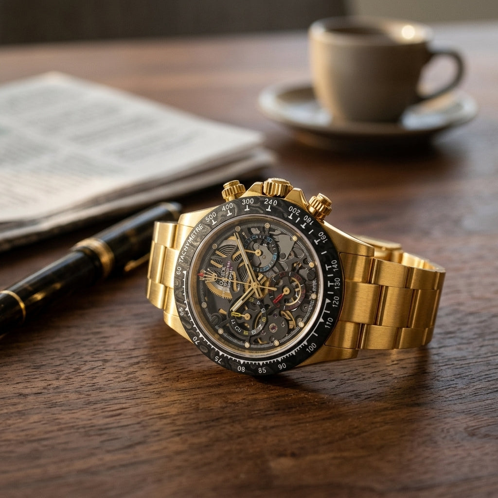 Yellow gold skeleton chronograph with a black marbled bezel on a dark walnut desk beside a fountain pen