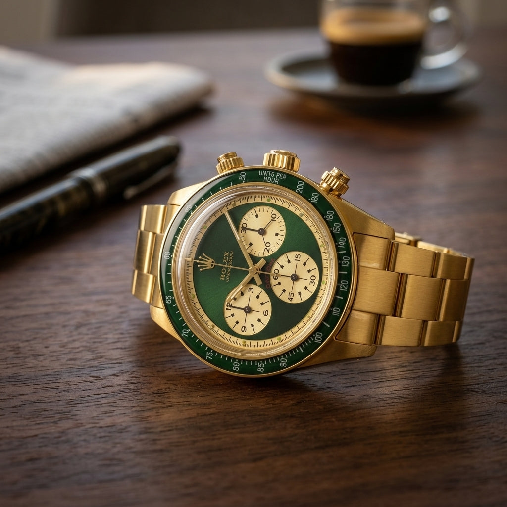 Yellow-gold chronograph with a green dial and cream counters on a dark walnut desk beside a fountain pen