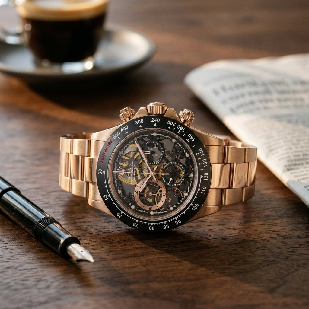 Rose gold skeleton chronograph with a black tachymeter bezel on a dark walnut desk beside a fountain pen