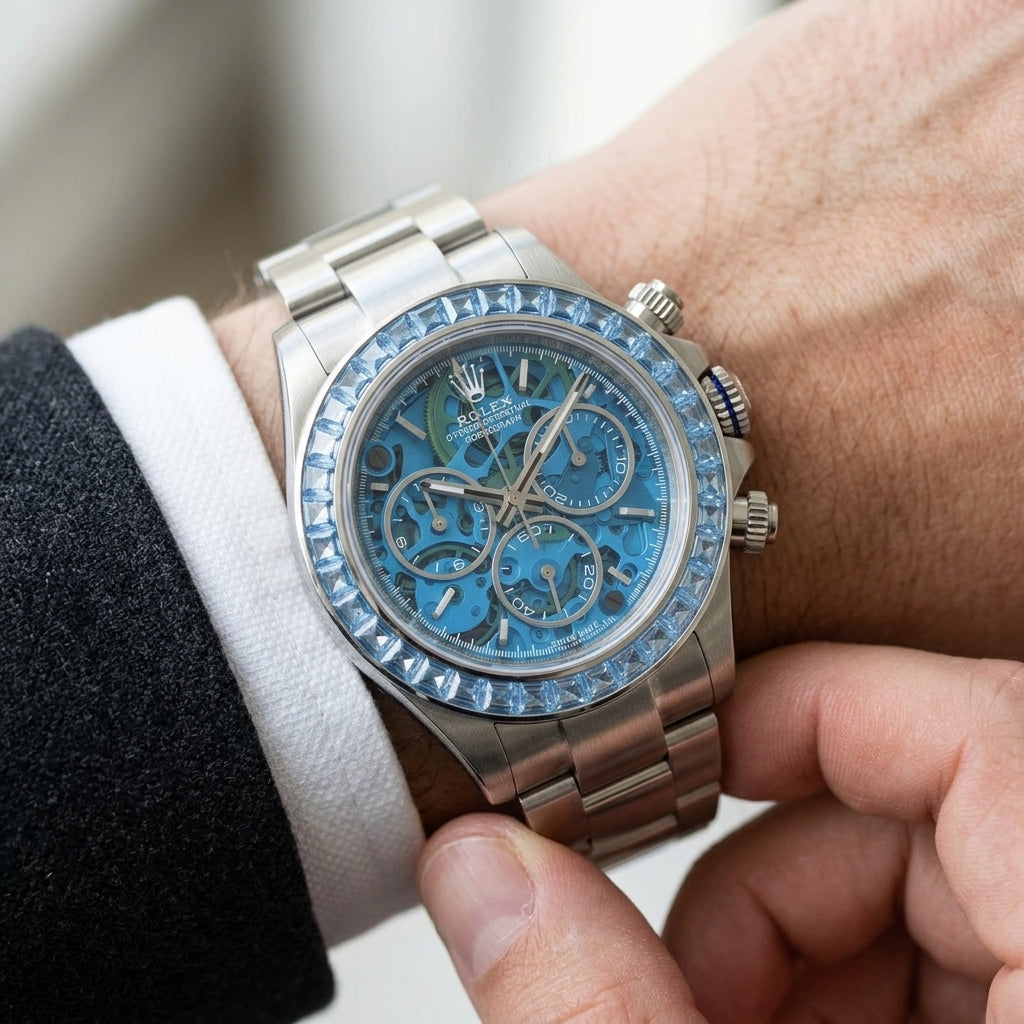 Steel skeleton chronograph with a sky-blue skeleton dial on the wrist as a shirt cuff is fastened