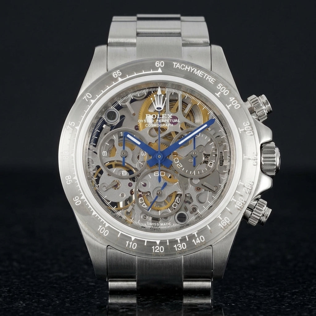 Steel skeleton chronograph on its three-row steel bracelet, worn on the wrist below a dark suit cuff
