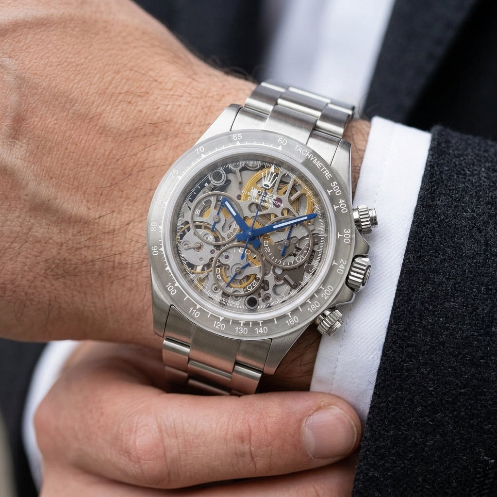 Steel skeleton chronograph with a grey open dial on the wrist as a shirt cuff is fastened