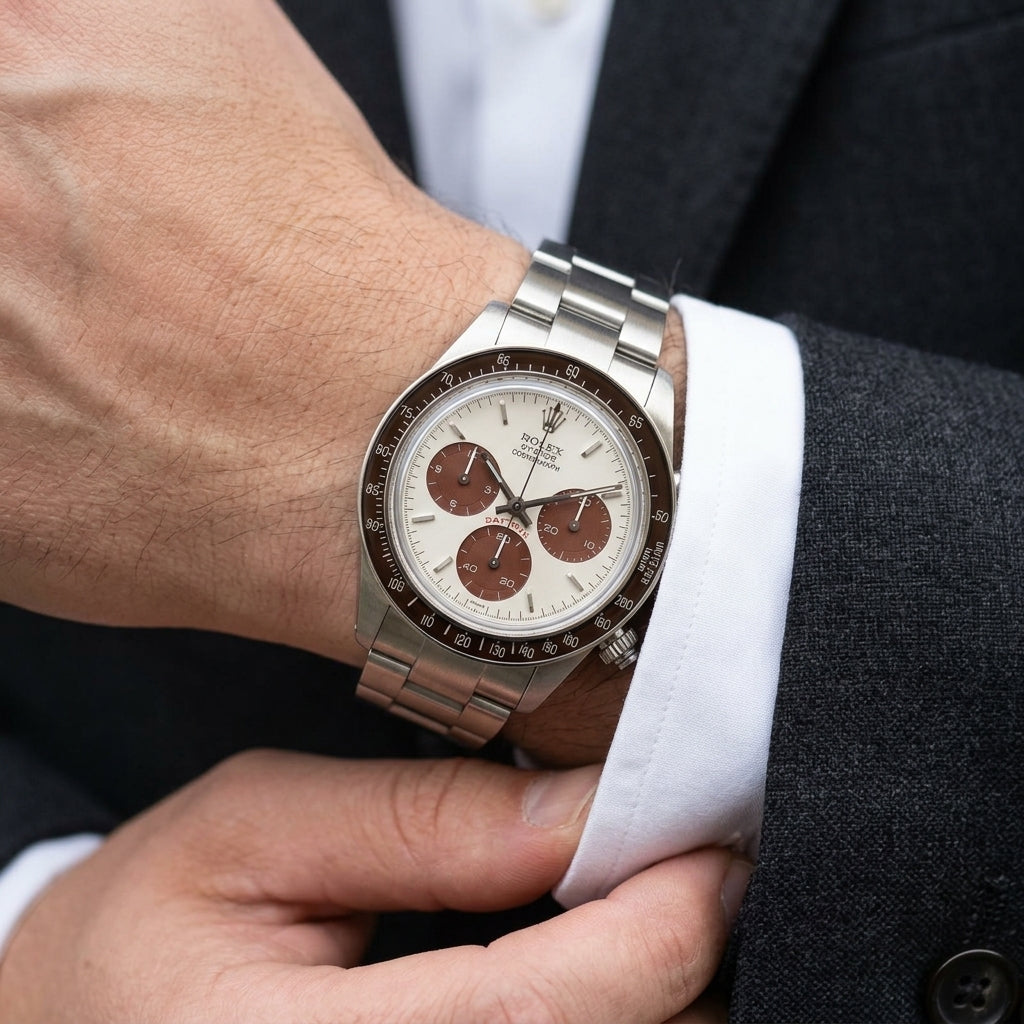 Steel chronograph with a brown bezel and brown counters on the wrist as a shirt cuff is fastened