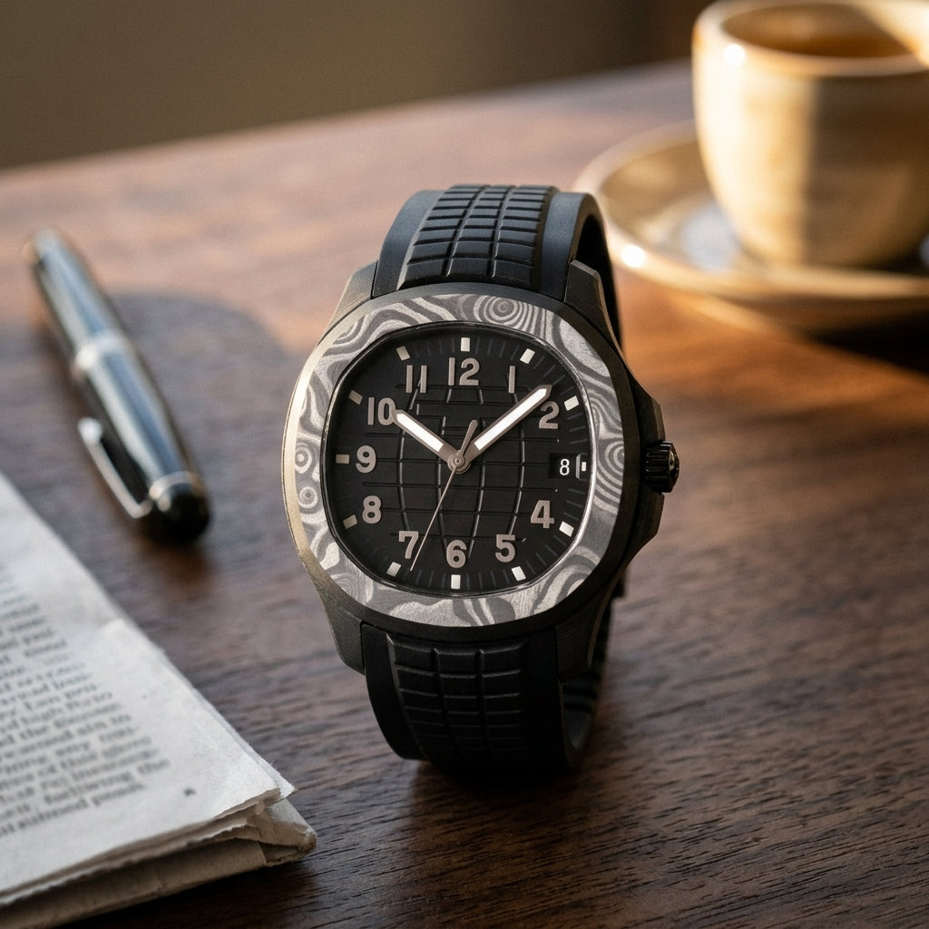 Forged-carbon watch with a black grid dial and a grey-swirled bezel on a dark walnut desk beside a fountain pen
