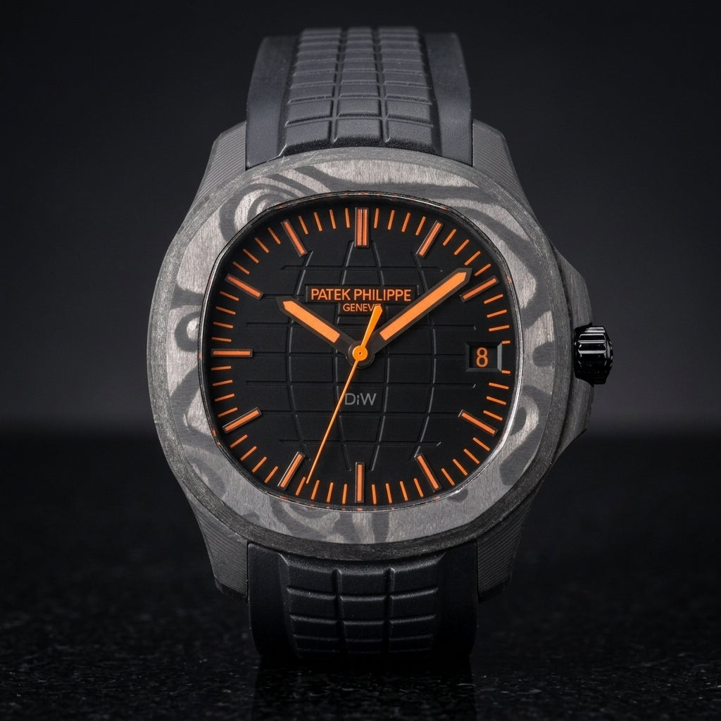 Black forged-carbon watch with an orange-on-black dial on a black rubber strap, worn on the wrist below a dark suit cuff