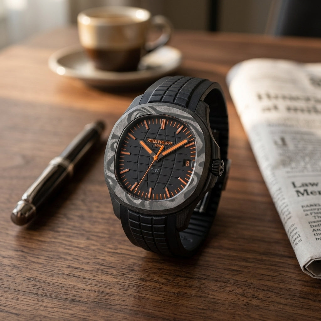 Black forged-carbon grid-dial watch with orange details and a black rubber strap on a dark walnut desk beside a fountain pen