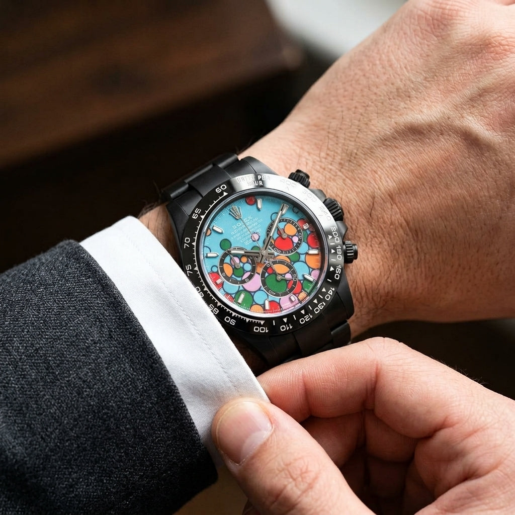 Black DLC chronograph with a turquoise bubble dial on the wrist as a shirt cuff is fastened
