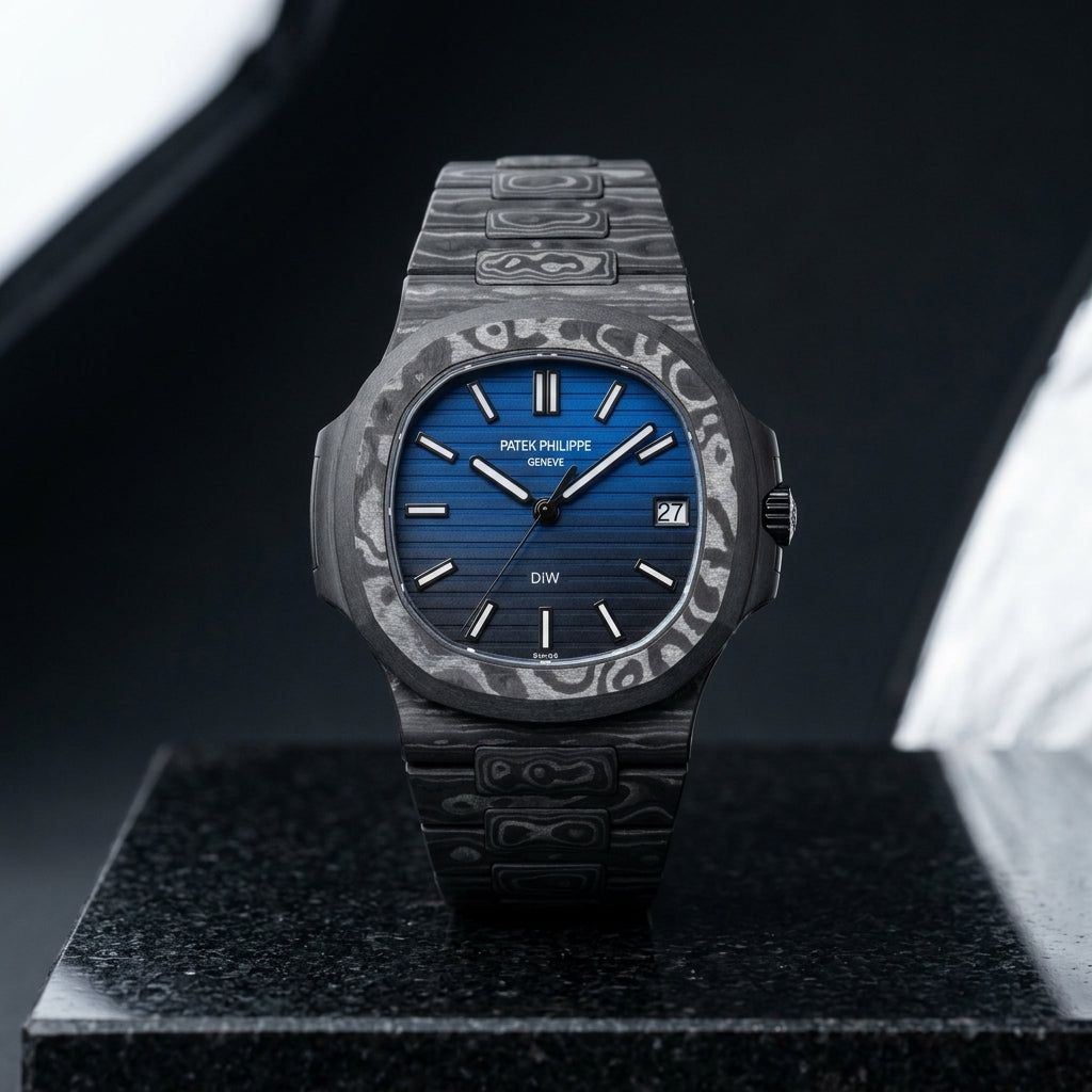 Carbon sports watch worn under a suit cuff