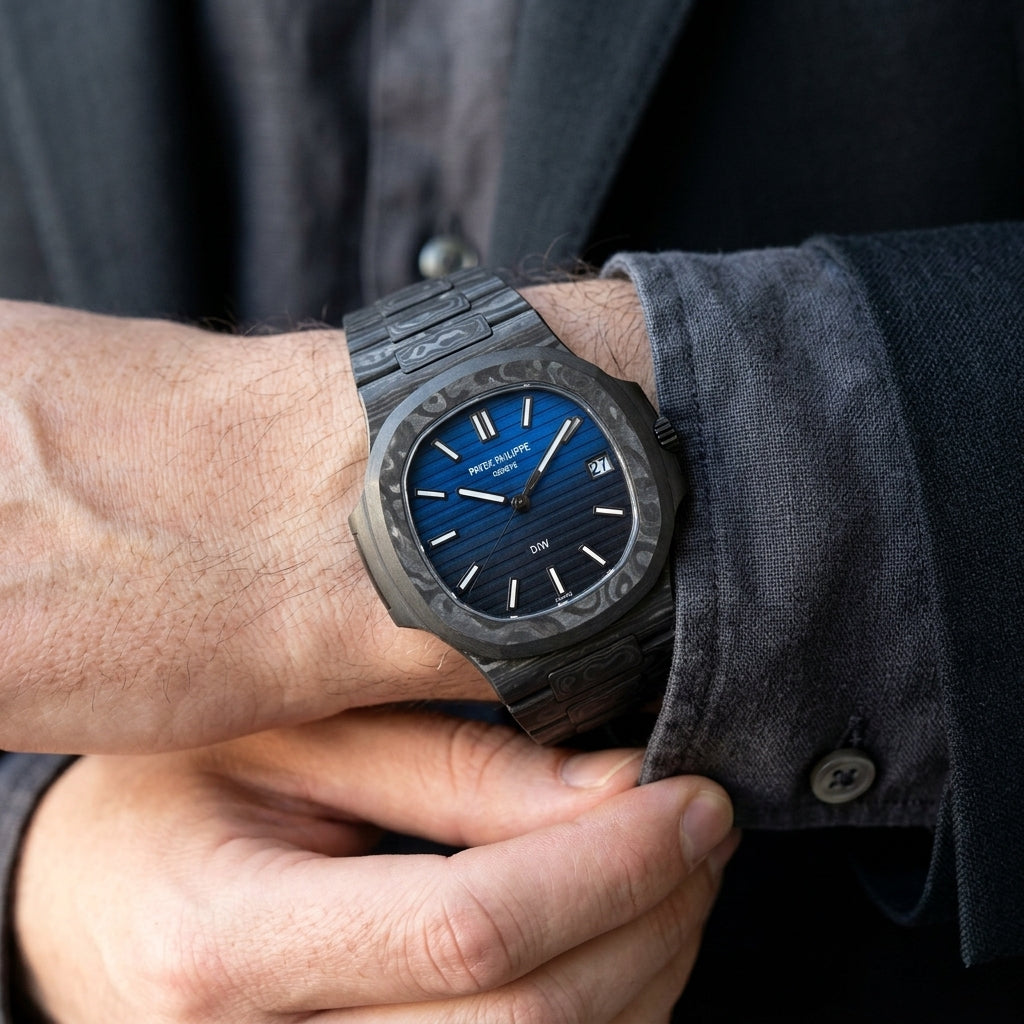 Forged carbon sports watch with a blue gradient dial on the wrist as a shirt cuff is fastened