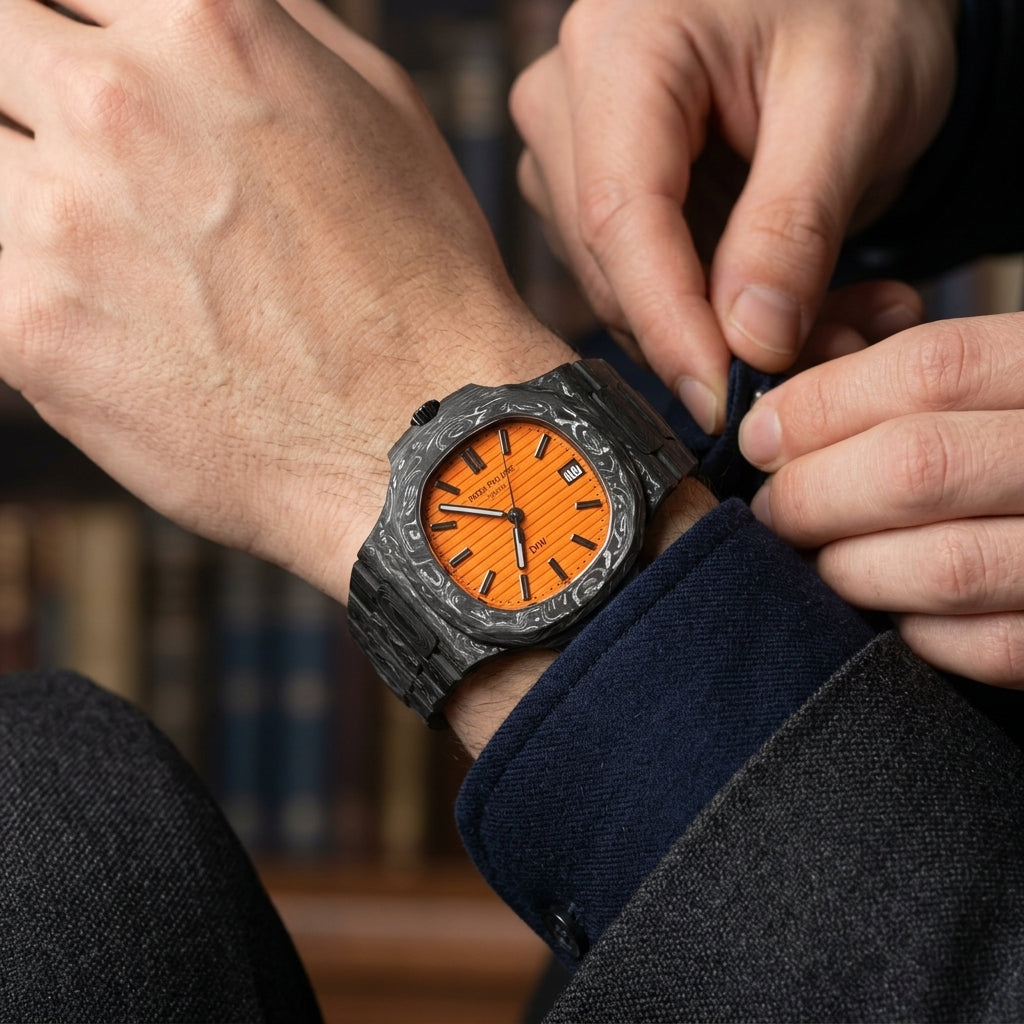 Forged carbon sports watch with an orange dial and black markers on the wrist as a shirt cuff is fastened