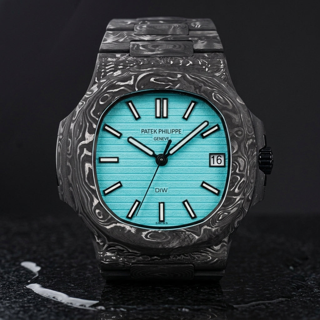 Carbon sports watch and carbon bracelet upright on black granite