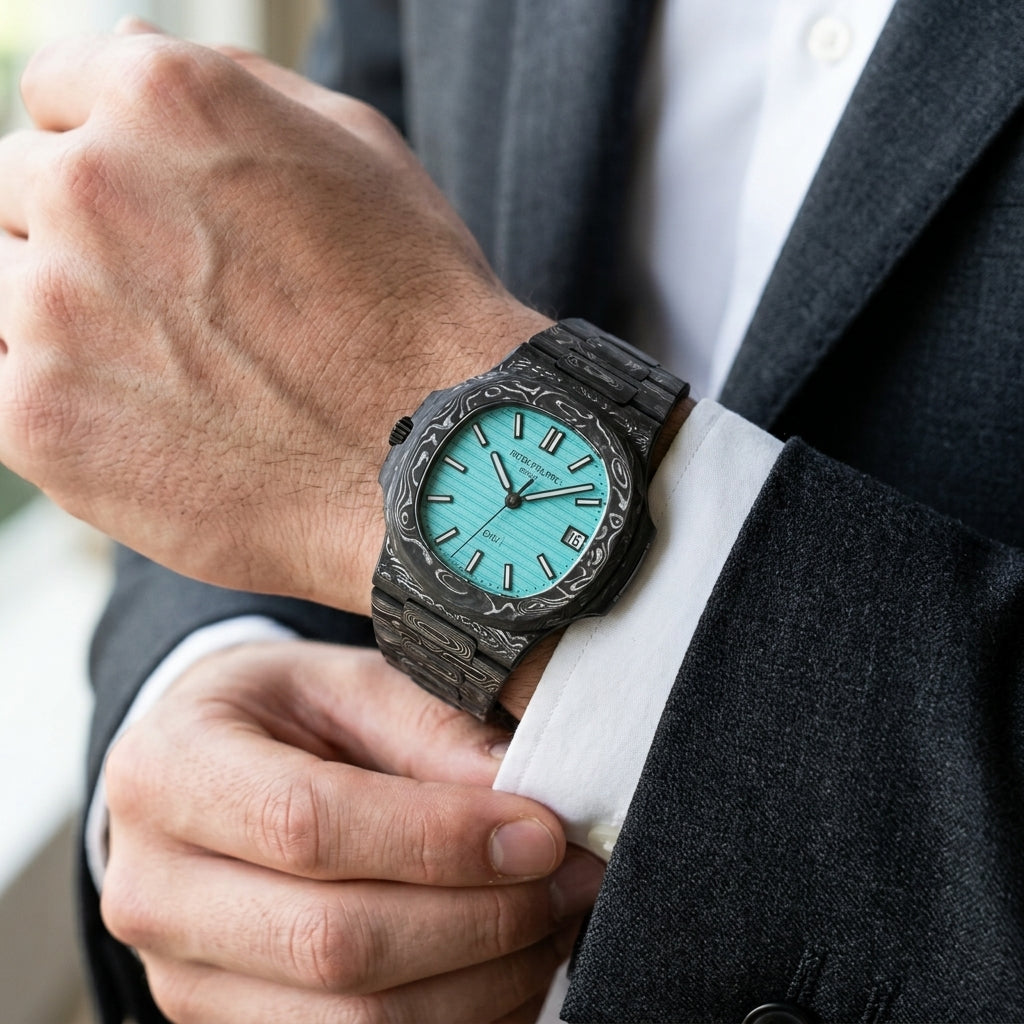 Forged carbon sports watch with a turquoise dial on the wrist as a shirt cuff is fastened