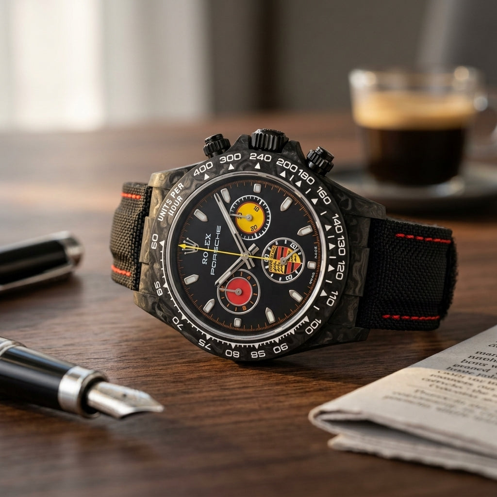 Black forged carbon racing chronograph resting on a dark desk beside a fountain pen