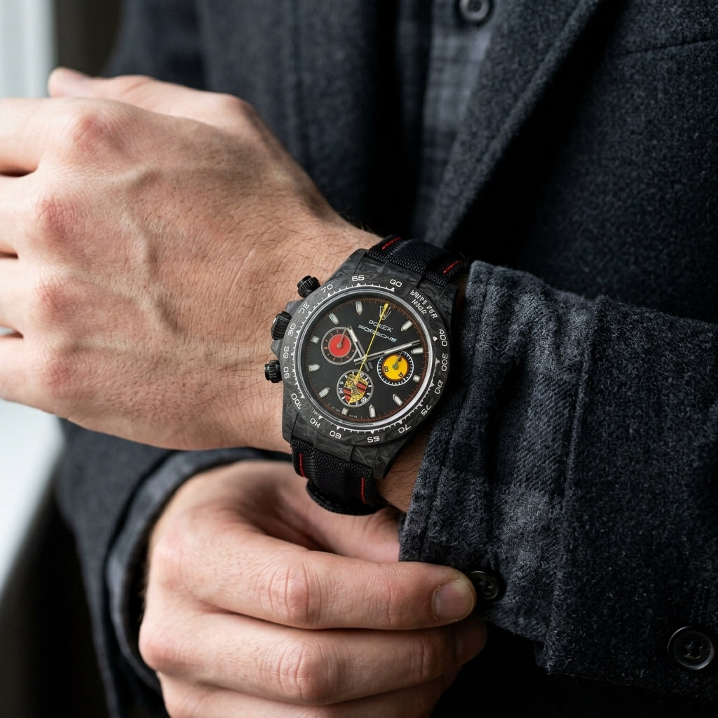 The matte black racing chronograph under a suit cuff at the wrist