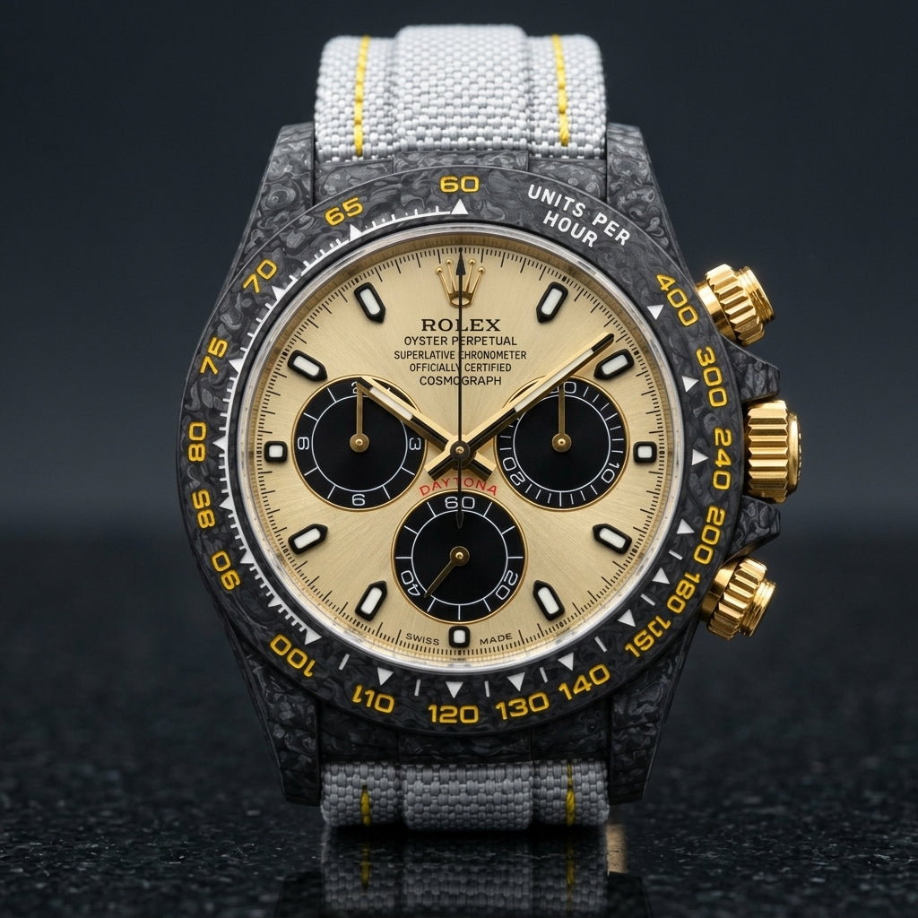 Black carbon chronograph with a champagne dial on its light-grey woven strap with yellow stitching, worn on the wrist below a suit cuff