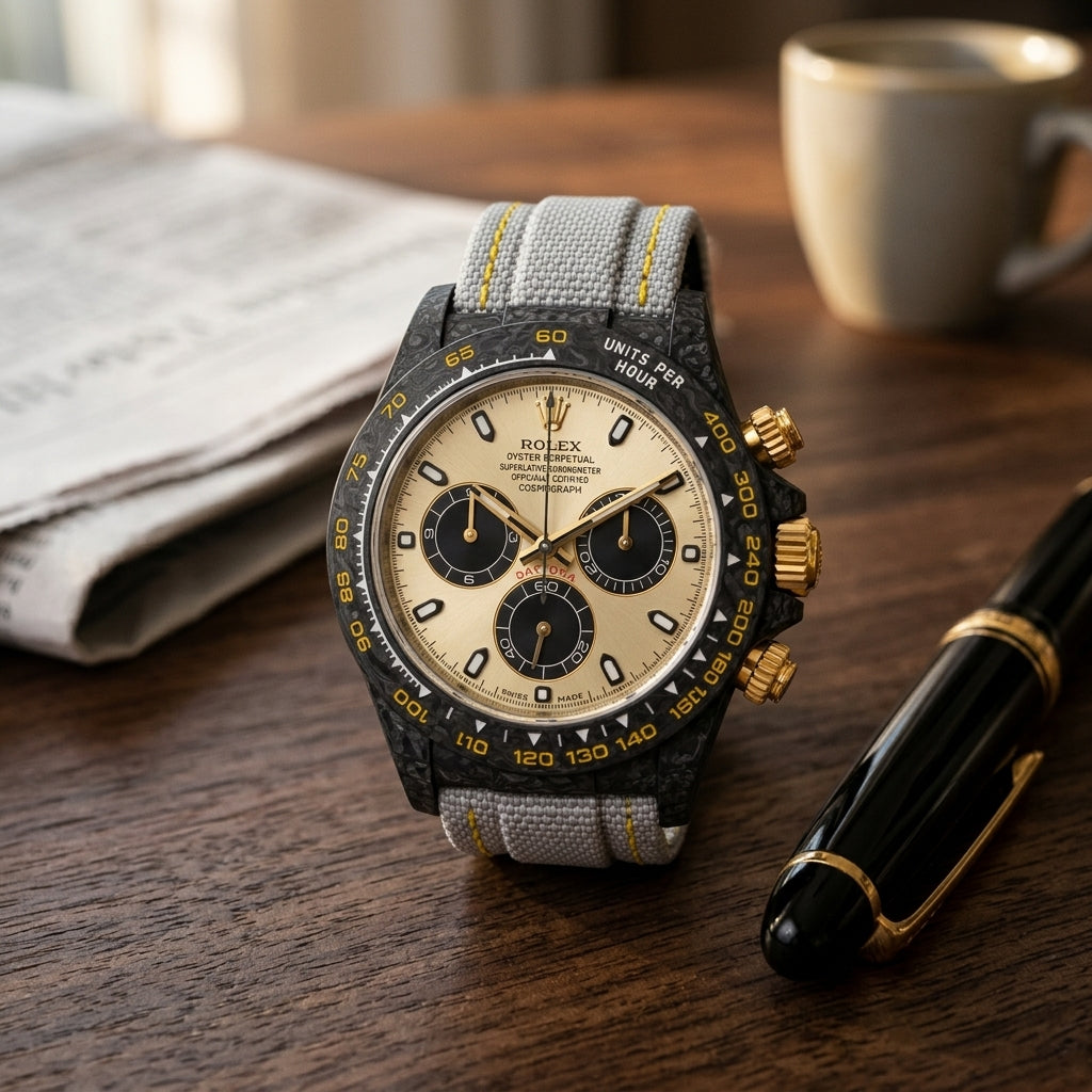 Black forged carbon chronograph with a champagne dial and a yellow tachymeter scale on a dark walnut desk beside a fountain pen