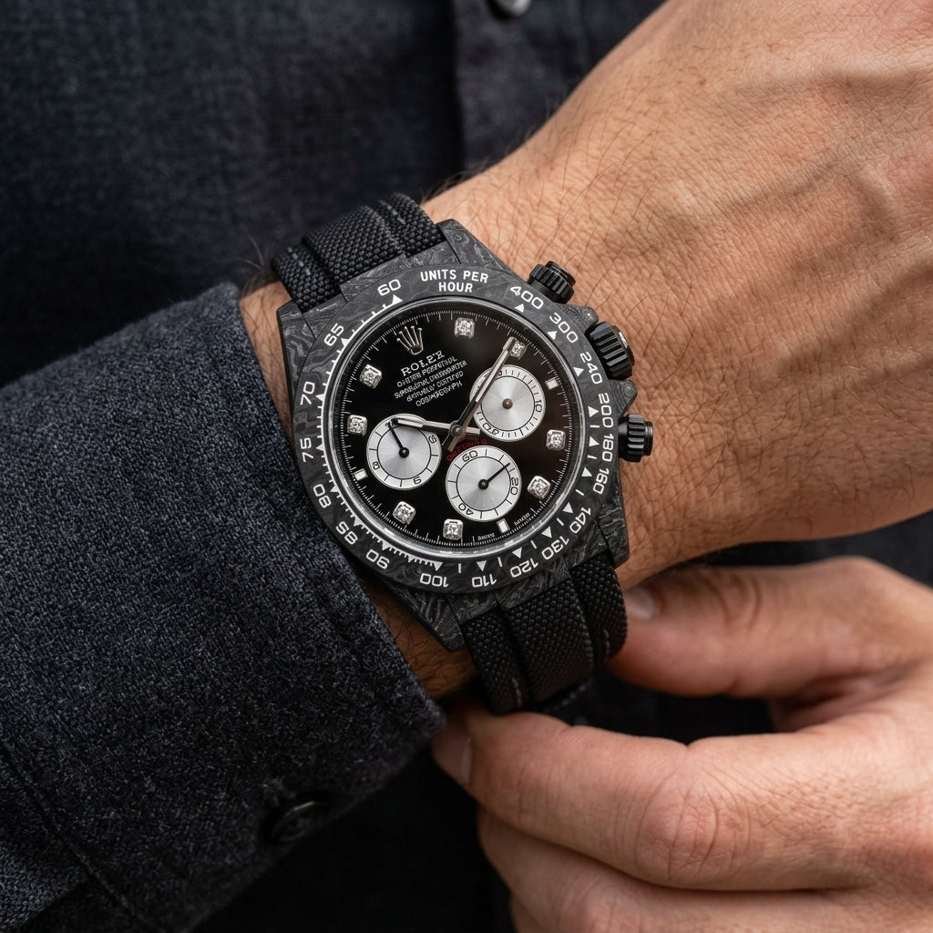 Black forged carbon chronograph with a black dial, silver counters and moissanite markers on the wrist as a shirt cuff is fastened