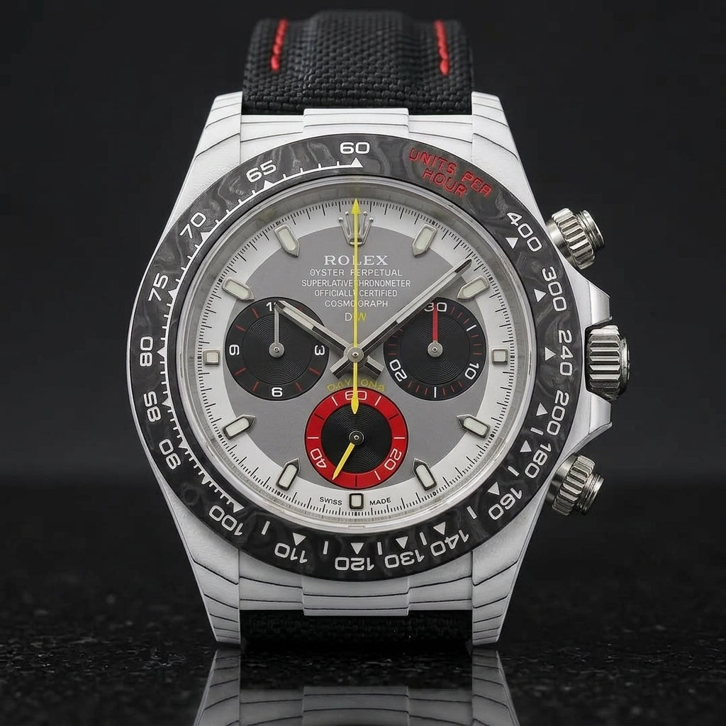 White carbon chronograph on its black canvas strap with red stitching, worn on the wrist below a navy suit cuff