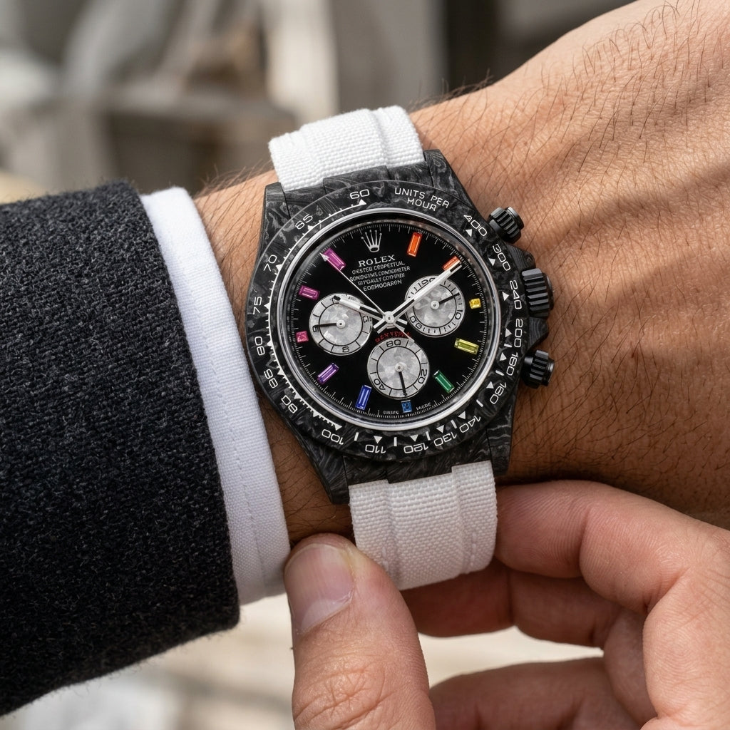 Forged carbon chronograph with a carbon bezel and a black dial with rainbow stone markers on the wrist as a shirt cuff is fastened