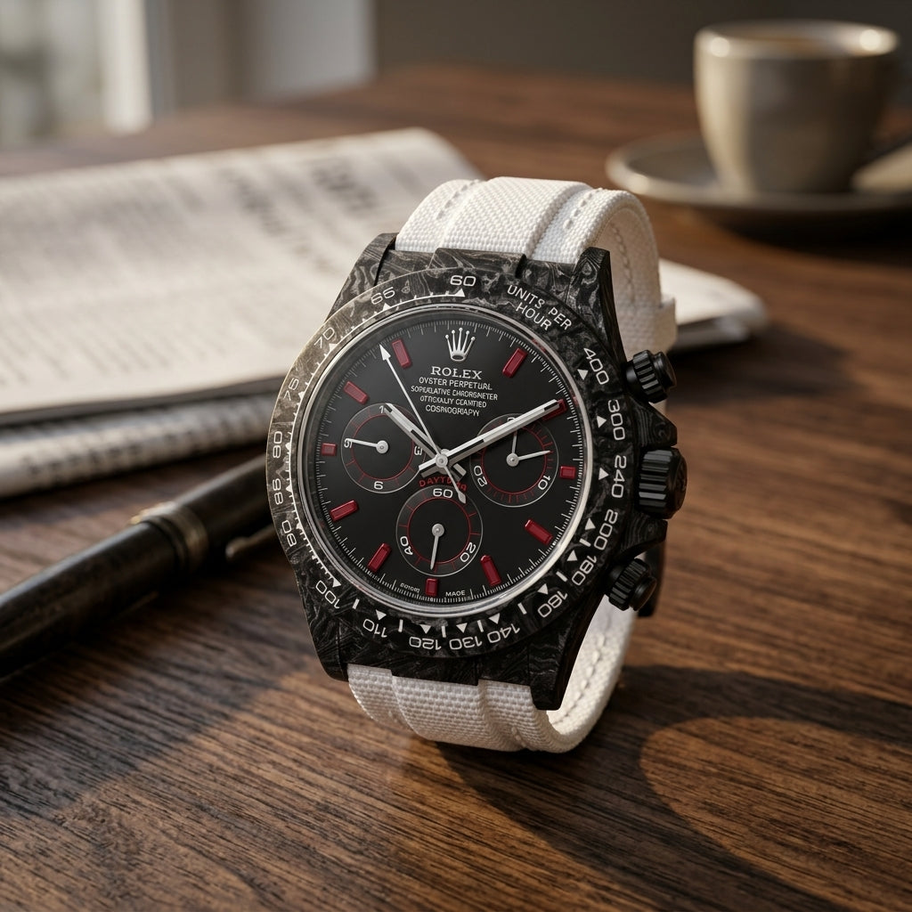 Black forged carbon chronograph with red baguette stone markers and a white strap on a dark walnut desk beside a fountain pen