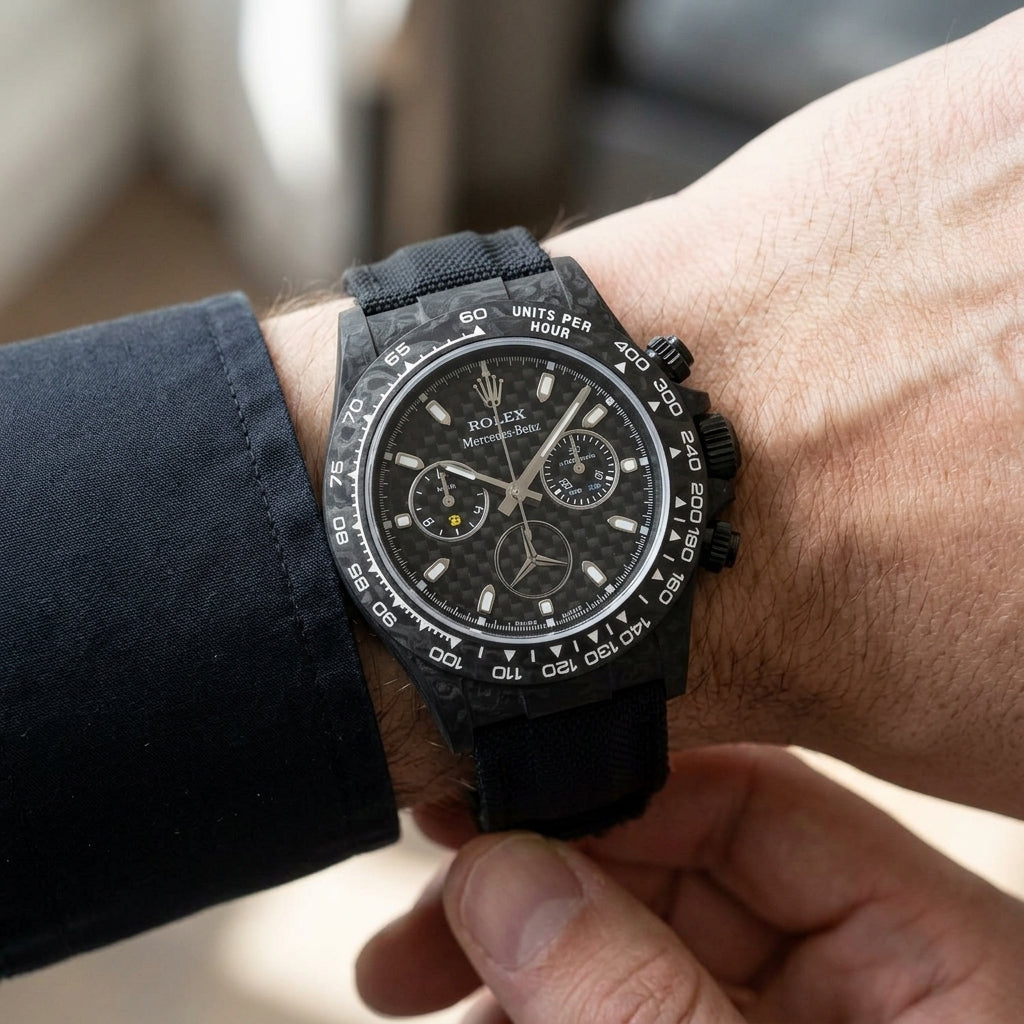 Black forged carbon chronograph with a carbon-fibre dial and a star emblem on the wrist as a shirt cuff is fastened