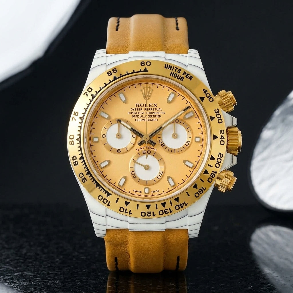 White-cased chronograph on a tan leather strap, worn under a cuff