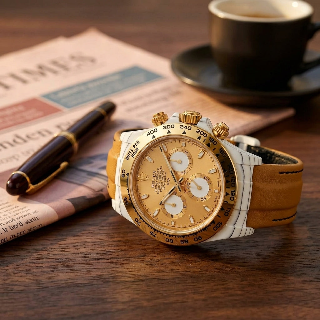 White-cased chronograph with a gold bezel and a champagne dial on a dark walnut desk beside a fountain pen