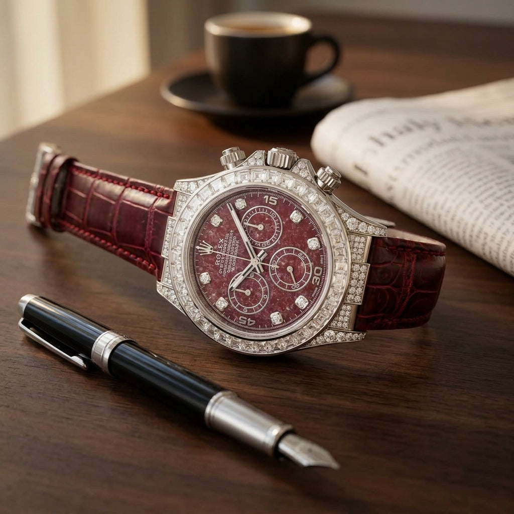 White gold chronograph with a red stone dial and a baguette bezel on a dark walnut desk beside a fountain pen