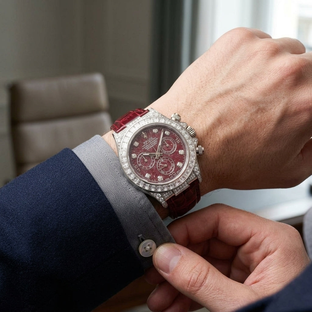 White gold chronograph with a red stone dial and a baguette bezel on the wrist as a shirt cuff is fastened