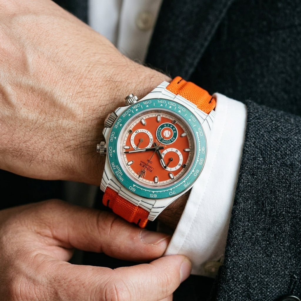 White carbon chronograph with a clay-red dial and a green tennis badge on the wrist as a shirt cuff is fastened