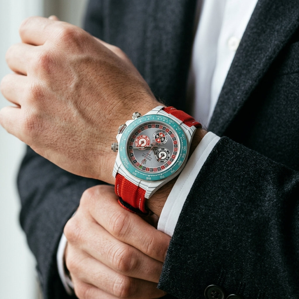 White carbon chronograph with a roulette-wheel dial on the wrist as a shirt cuff is fastened