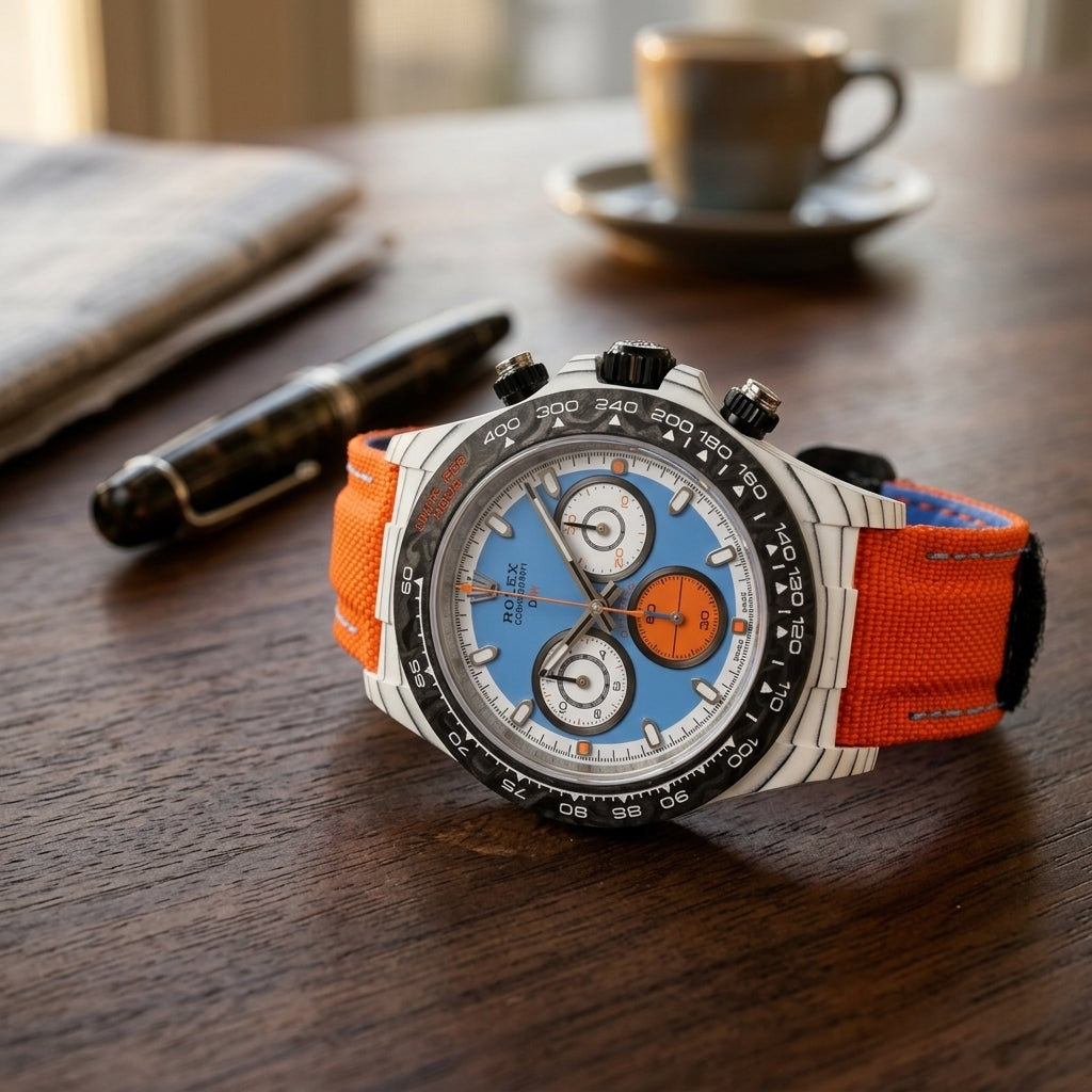 White carbon chronograph with a sky-blue dial and a black forged-carbon bezel on a dark walnut desk beside a fountain pen