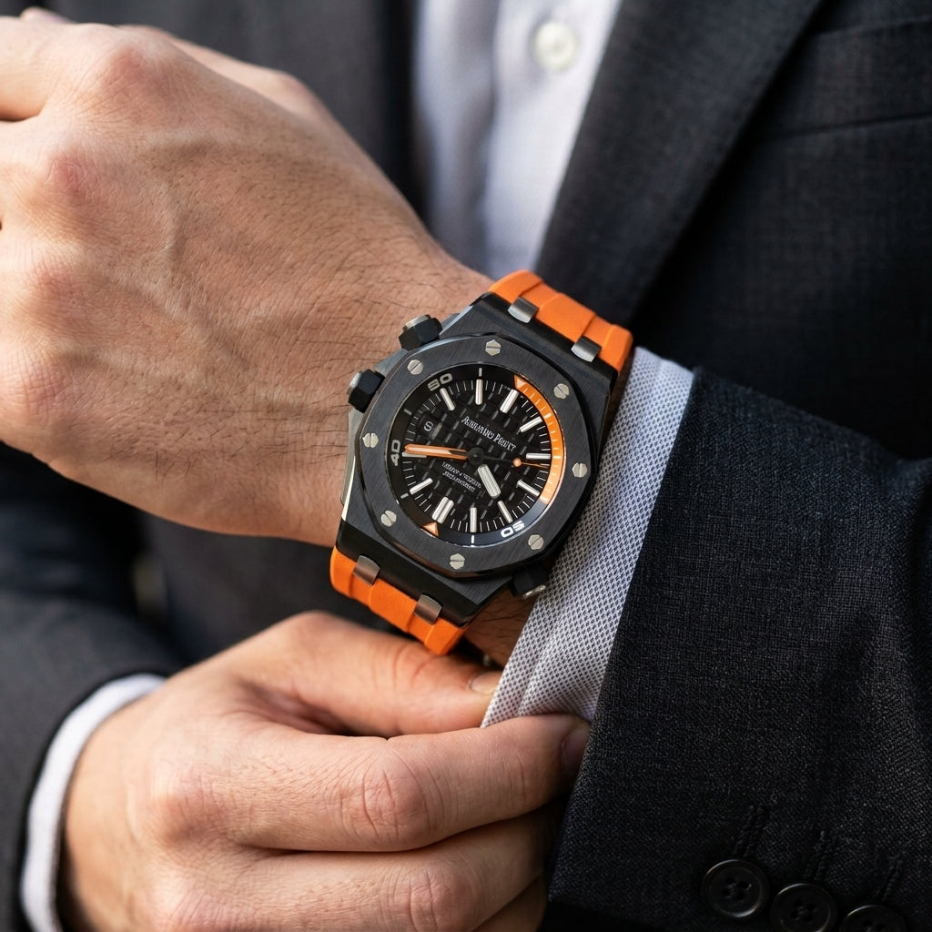 Black ceramic diver on an orange rubber strap on the wrist as a shirt cuff is fastened