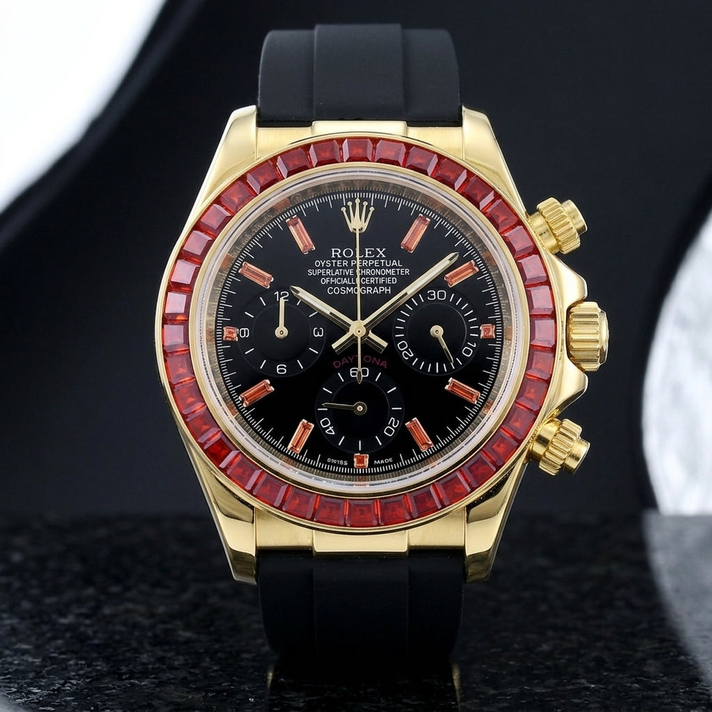 Gold-tone chronograph with a red stone bezel on its black rubber strap, worn on the wrist below a dark suit cuff