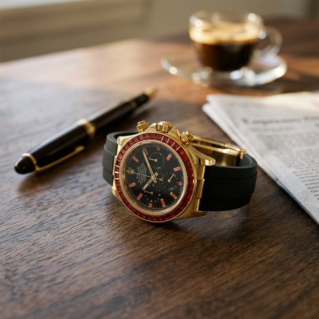 Gold-tone chronograph with a red baguette-stone bezel and a black dial on a dark walnut desk beside a fountain pen