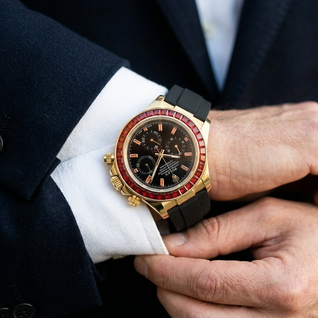 Gold-tone chronograph with a red stone bezel and a black rubber strap on the wrist as a shirt cuff is fastened