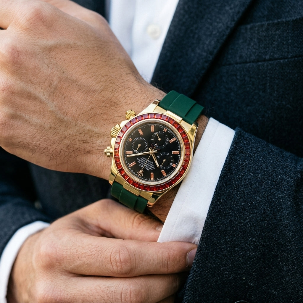 Gold chronograph with a red stone bezel and a black dial on the wrist as a shirt cuff is fastened
