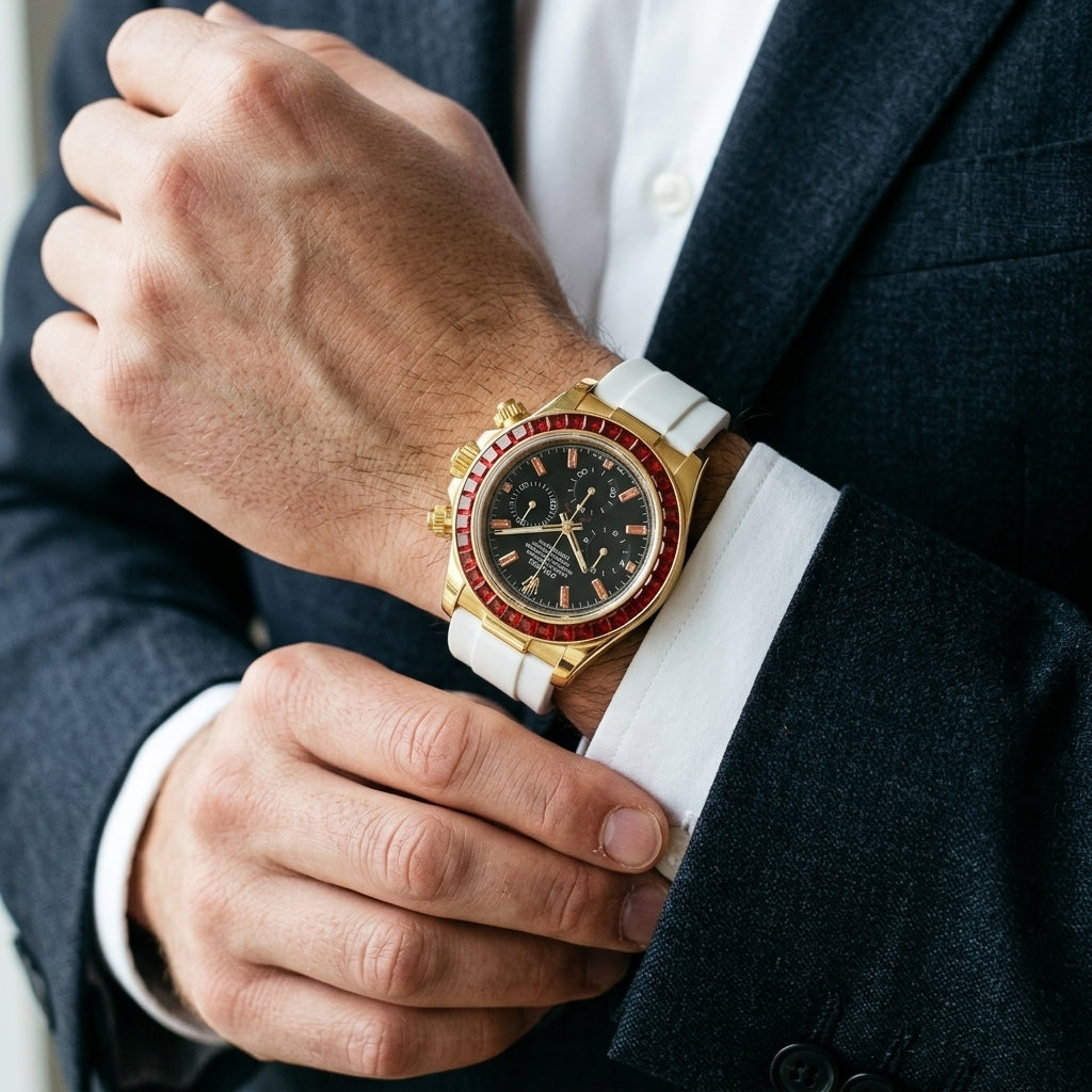 Gold-tone chronograph with a red stone bezel and a black dial on the wrist as a white shirt cuff is fastened under a dark suit sleeve