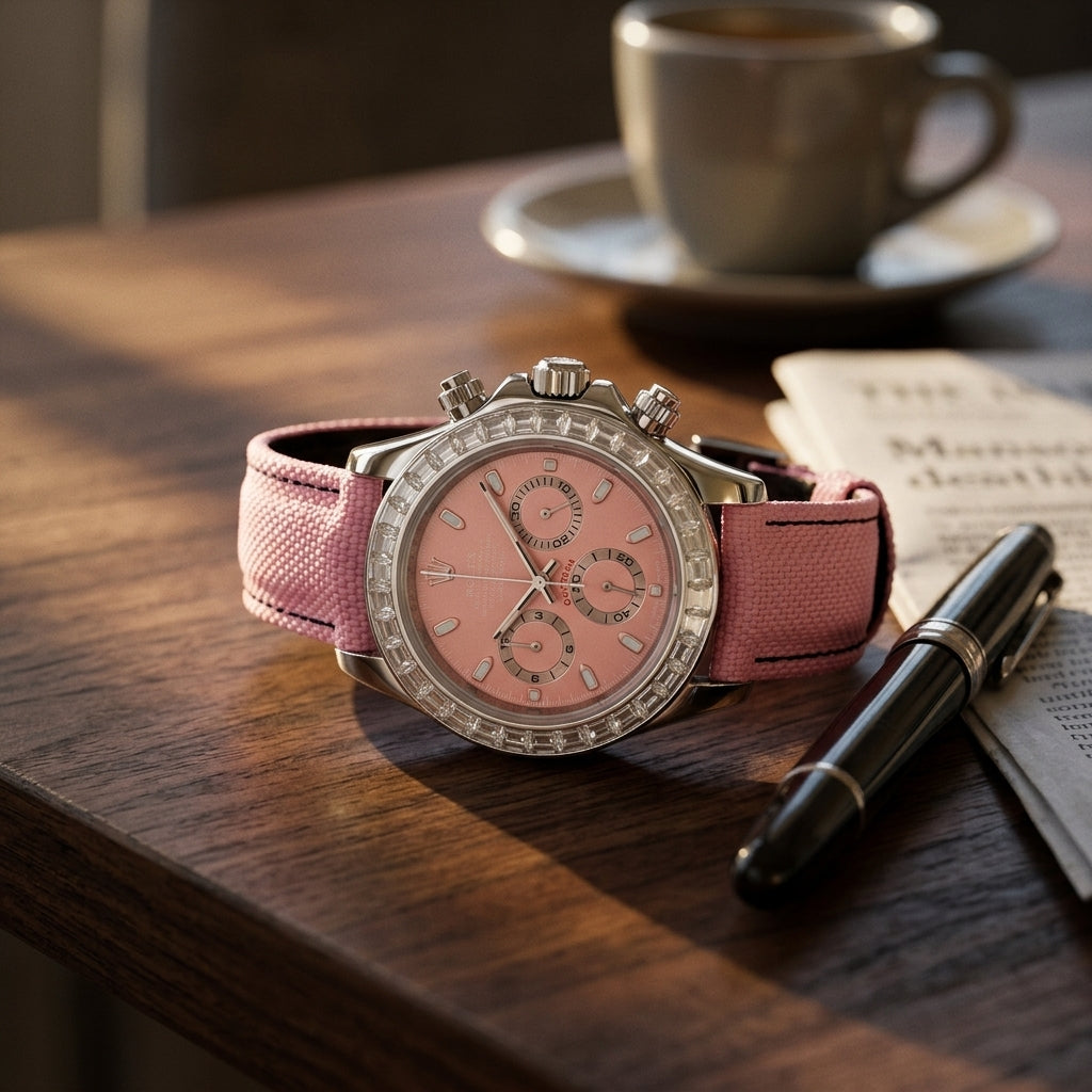 Steel chronograph with a pink dial and a clear baguette-stone bezel on a dark walnut desk beside a fountain pen