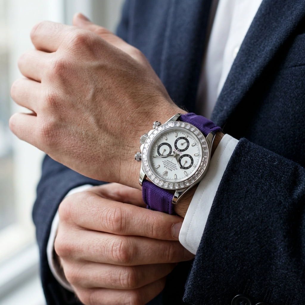Steel chronograph with a white dial and black-ringed counters on the wrist as a shirt cuff is fastened