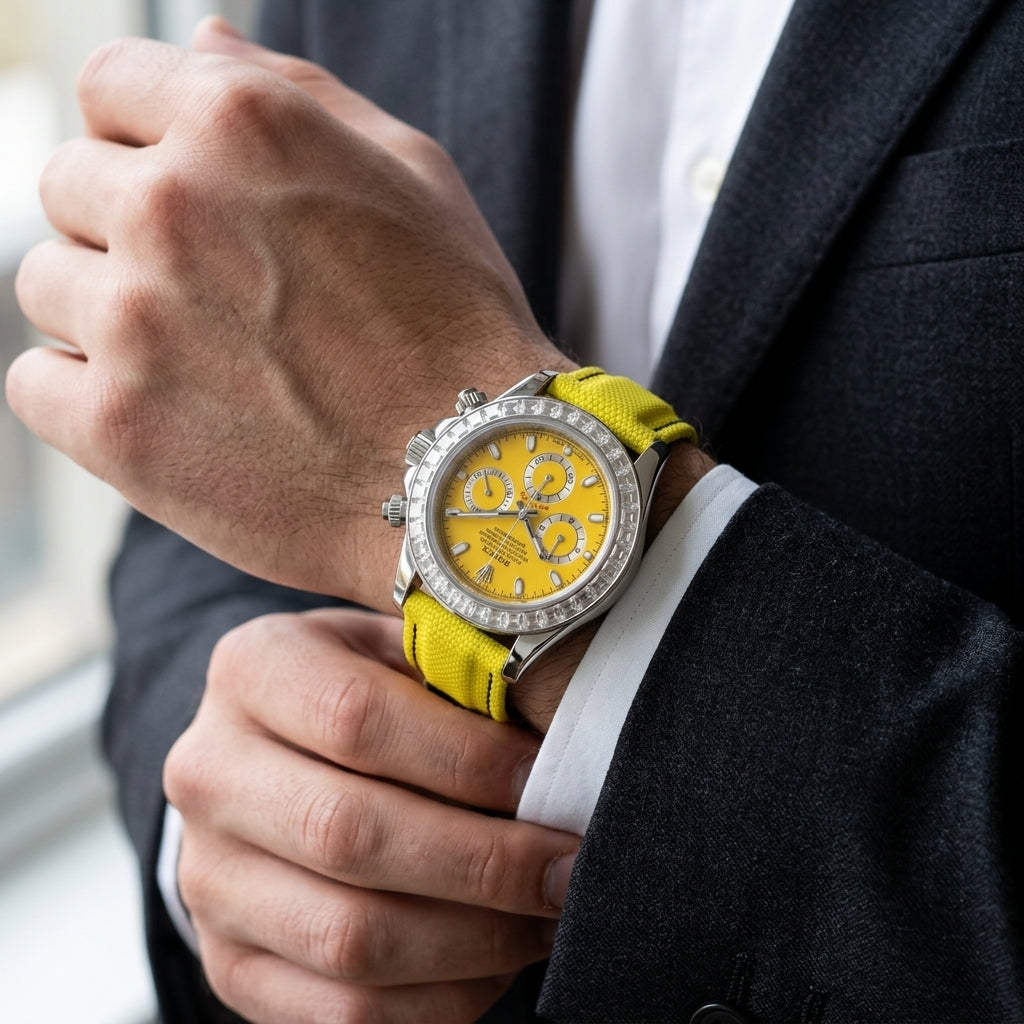 Steel chronograph with a sunflower-yellow dial on the wrist as a shirt cuff is fastened