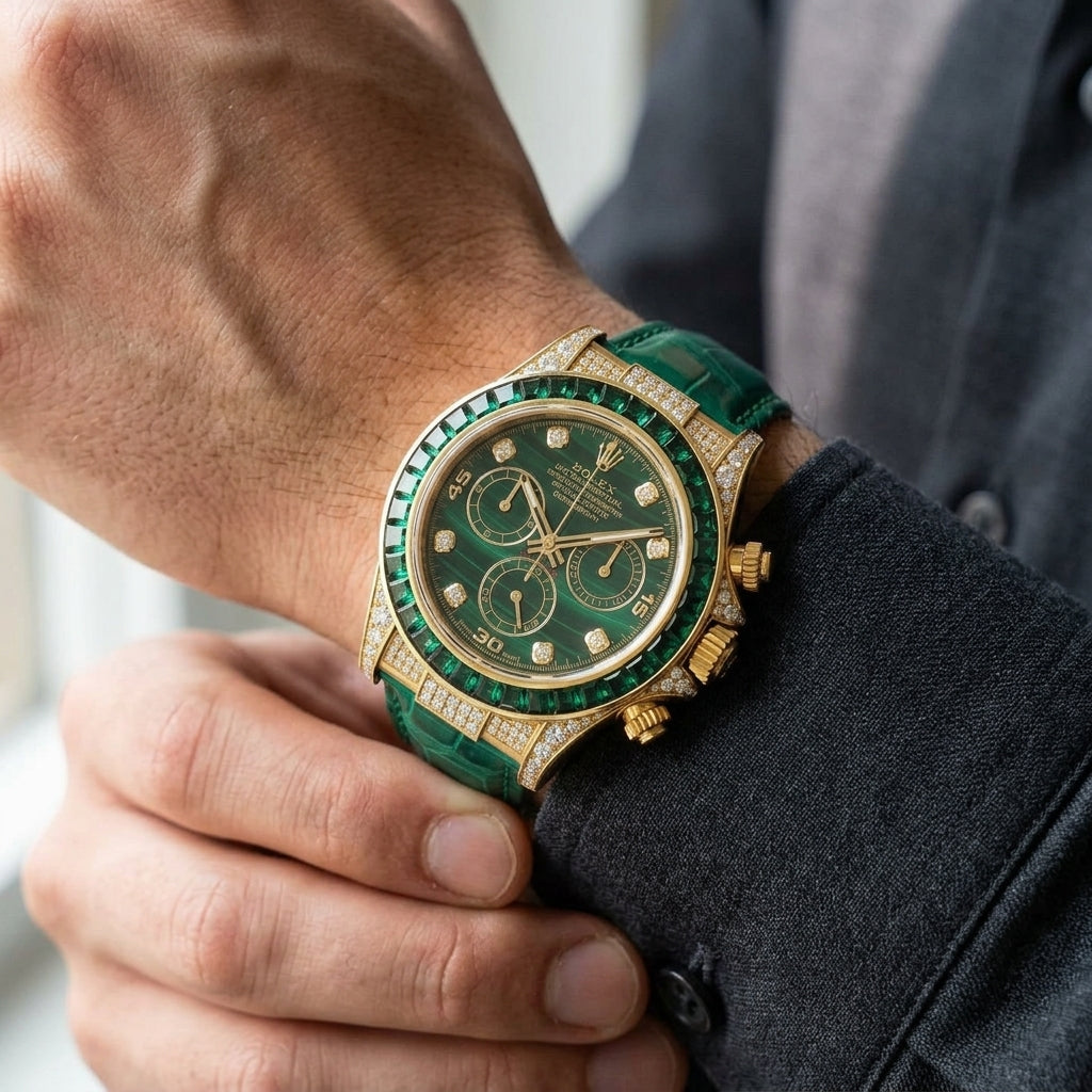Gold chronograph with a green stone dial and an emerald bezel on the wrist as a shirt cuff is fastened